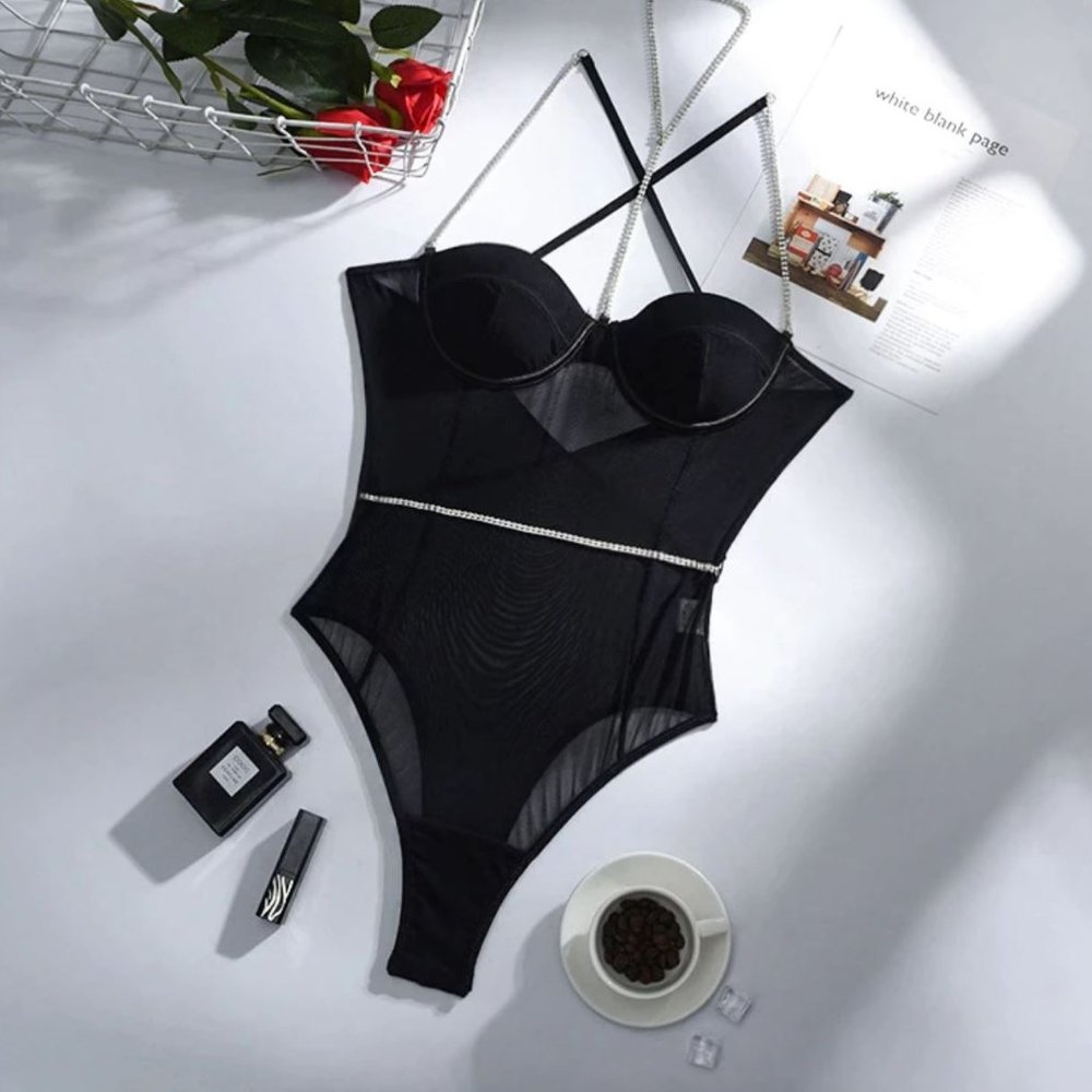 One-piece Black Mesh Lingerie Bodysuit with Crystal Chain